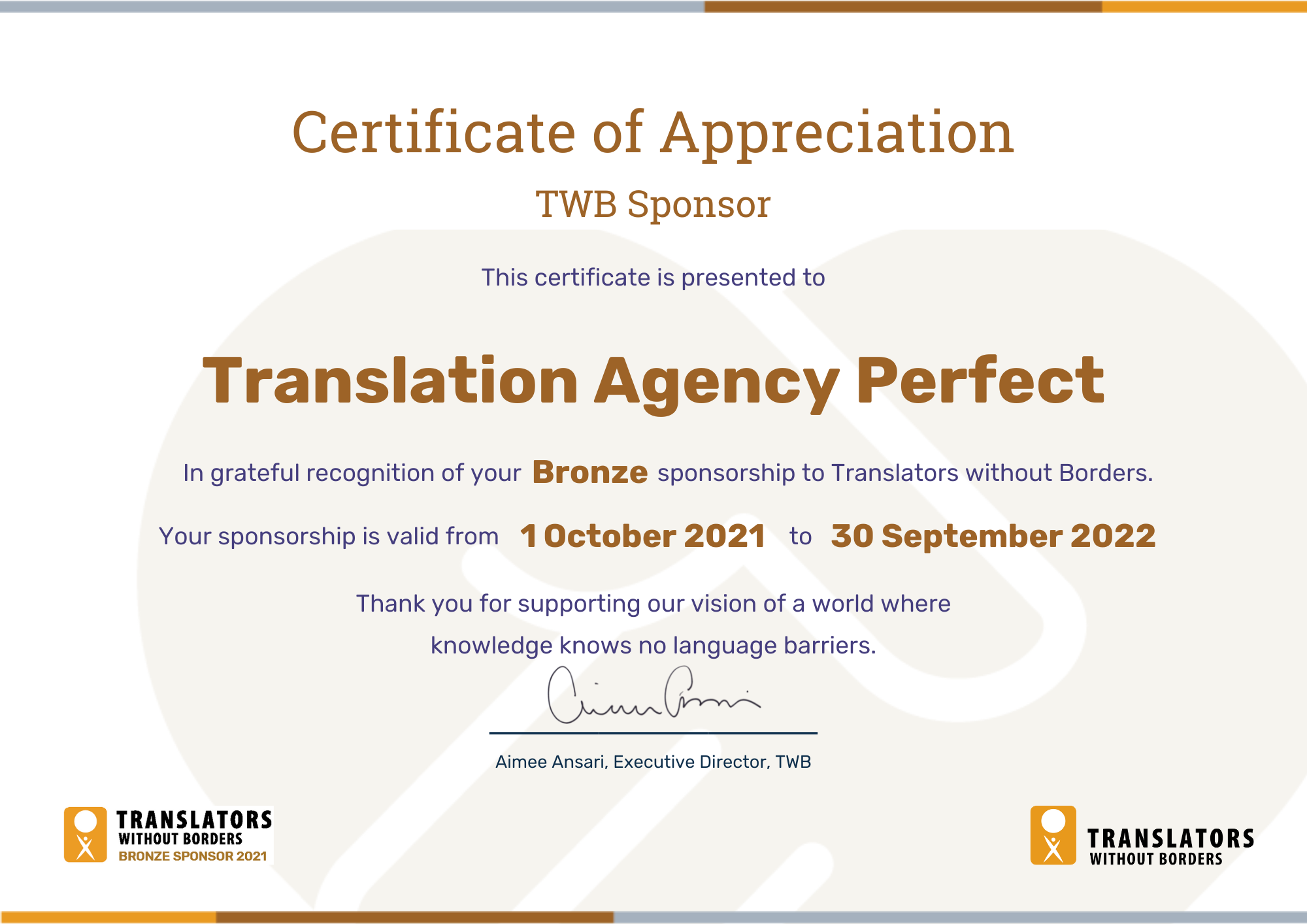 Certificate of Appreciation TWB Supporter